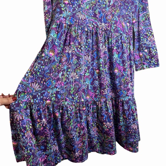 Lilly Pulitzer Alaina Dress Size L Colony Purple Berry Tiered Long Sleeve Preppy - Picture 10 of 16